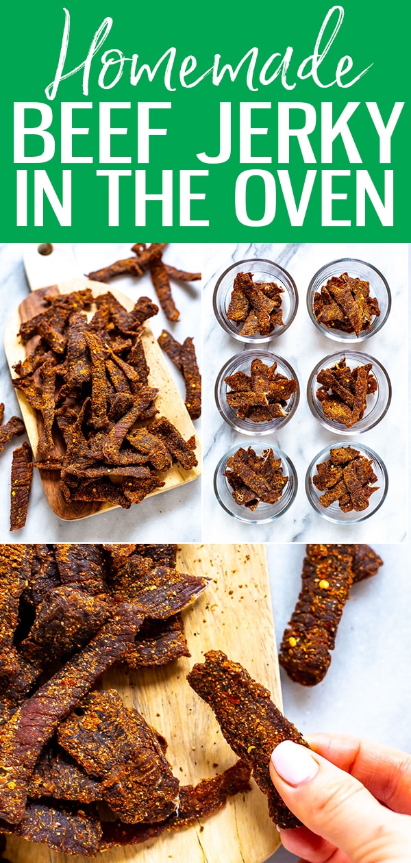 My homemade beef jerky recipe is way healthier & cheaper than the packaged stuff, & it's easy to make! All you need to do is put your oven on a low setting! #beefjerky #healthysnacks #mealprep