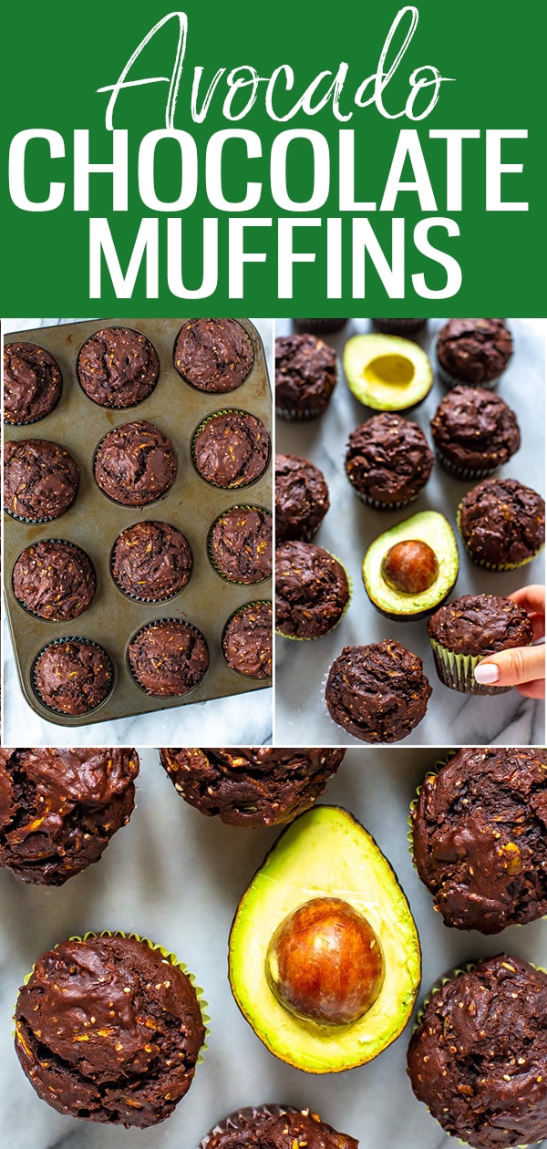 These Avocado Zucchini Chocolate Muffins are filled with healthy fats like olive oil and hemp hearts, and are protein-rich to keep you satisfied all morning! #avocado #chocolatemuffins #breakfast
