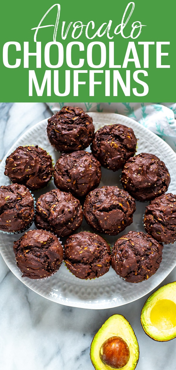 These Avocado Zucchini Chocolate Muffins are filled with healthy fats like olive oil and hemp hearts, and are protein-rich to keep you satisfied all morning! #avocado #chocolatemuffins #breakfast