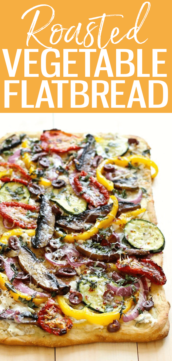This Roasted Vegetable Flatbread is perfect for entertaining, and has a delicious variety of vegetables such as portobello mushrooms. #roastedvegetable #flatbread