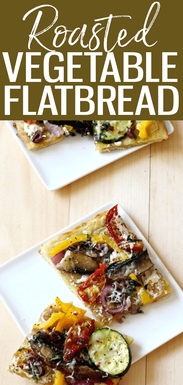 This Roasted Vegetable Flatbread is perfect for entertaining, and has a delicious variety of vegetables such as portobello mushrooms. #roastedvegetable #flatbread