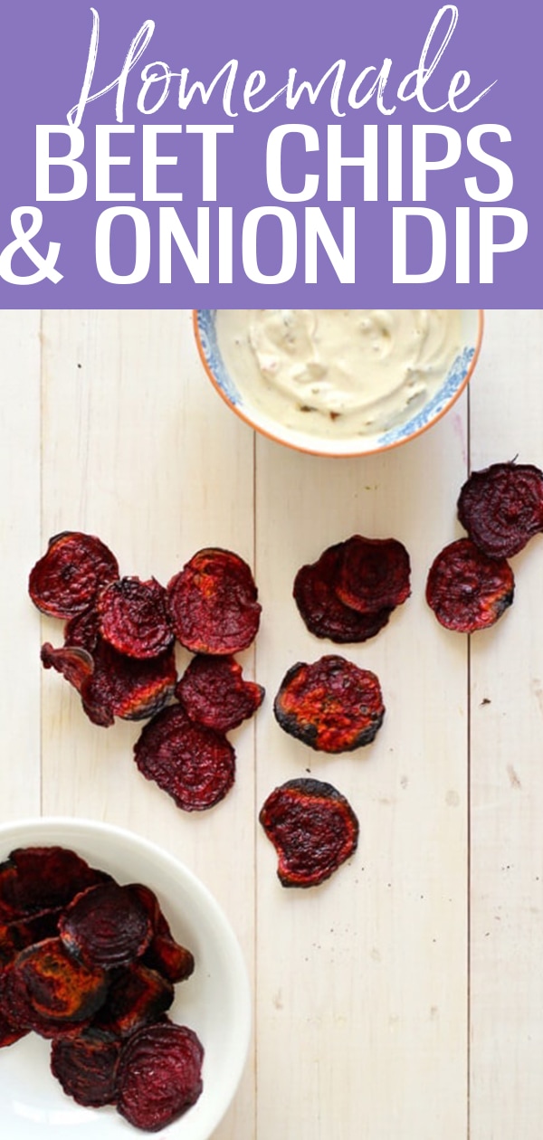 These amazing Roasted Beet Chips will curb your junk-food cravings, especially when paired with this delicious Homemade French Onion Dip! #homemadesnacks #beets