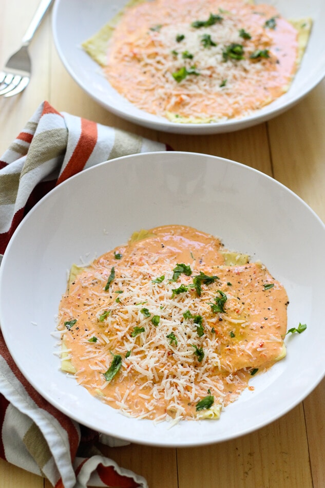 Butternut Squash Ravioli in a Red Pepper Cream Sauce