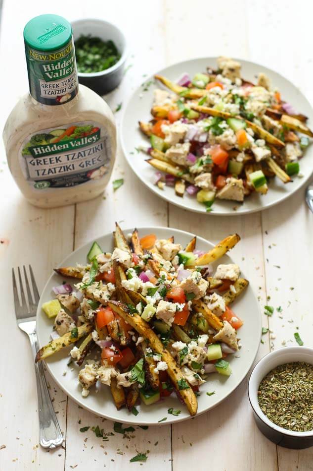 Baked Greek Fries with Chicken, Feta & Tzatziki