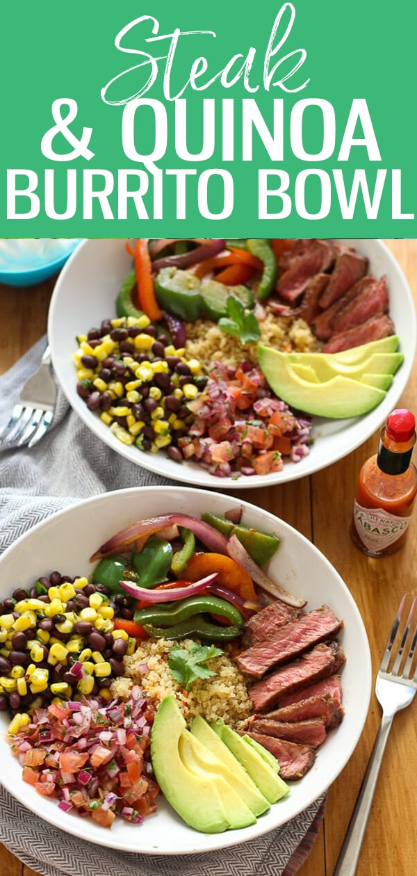 This Steak and Quinoa Burrito Bowl with pico de gallo and corn salsa is a delicious lunch idea you can meal prep, and is inspired by Chipotle burrito bowls! #steak #quinoa #burritobowl