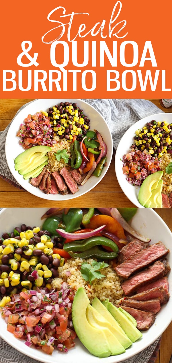 This Steak and Quinoa Burrito Bowl with pico de gallo and corn salsa is a delicious lunch idea you can meal prep, and is inspired by Chipotle burrito bowls! #steak #quinoa #burritobowl