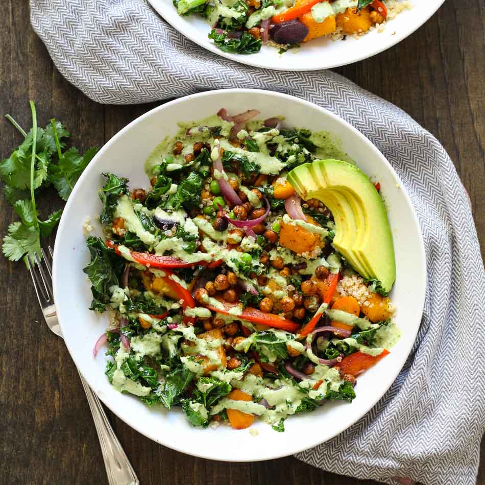 Warm Tahini Kale and Quinoa Bowl + Roasted Chickpeas