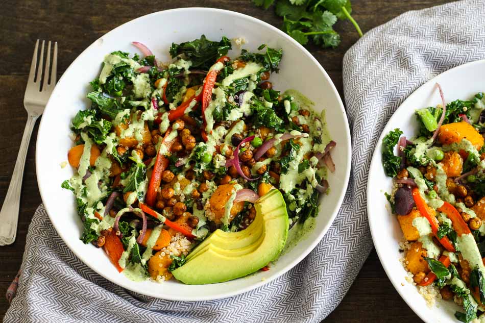 Warm Tahini Kale and Quinoa Bowl + Roasted Chickpeas