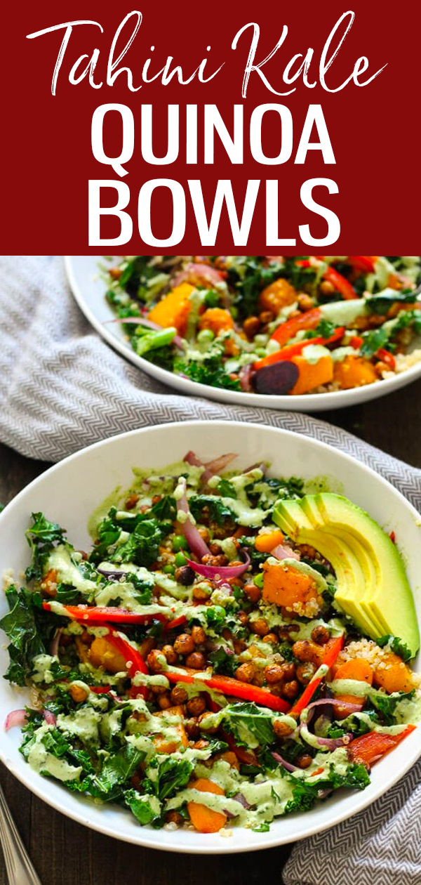 This Warm Tahini Kale and Quinoa Bowl with roasted chickpeas, vegetables and avocado is the ultimate healthy comfort food! #quinoabowl #mealprep