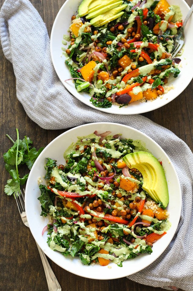 Warm Tahini Kale and Quinoa Bowl + Roasted Chickpeas