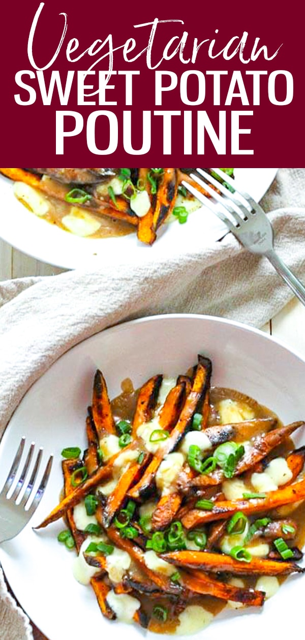 This Sweet Potato Poutine with Vegetarian Gravy is a healthier, more wholesome alternative to traditional poutine - just top with cheese curds! #sweetpotato #poutine