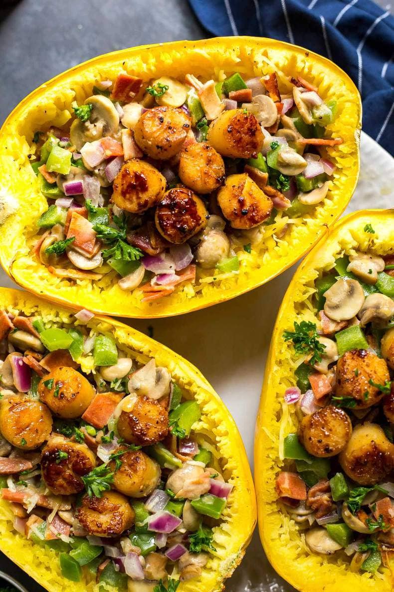 Healthy Scallop Spaghetti Squash Carbonara