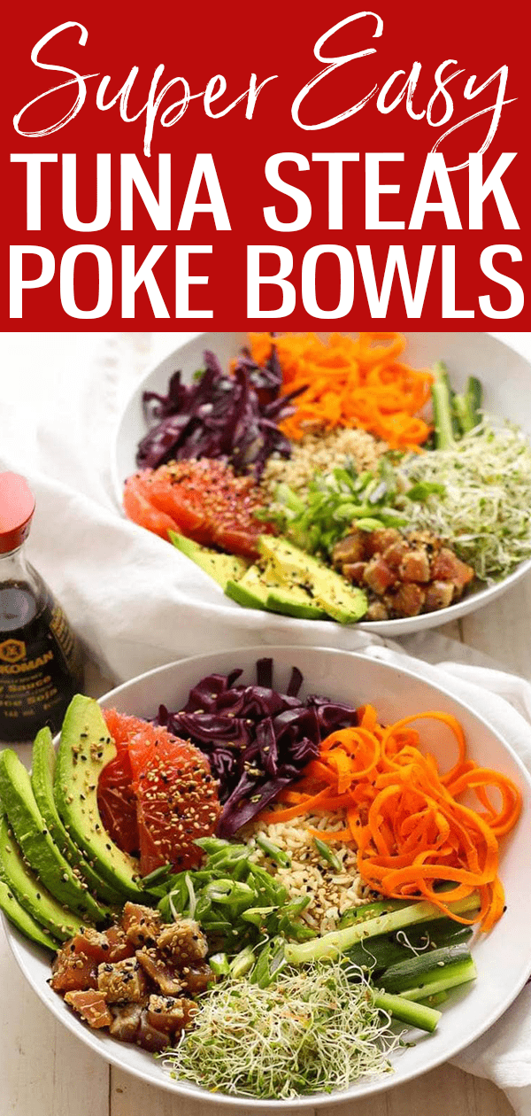 These Tuna Steak Poke Bowls are a delicious twist on the popular restaurant dish - this recipe includes fun and unusual toppings to switch it up! #ahituna #pokebowls