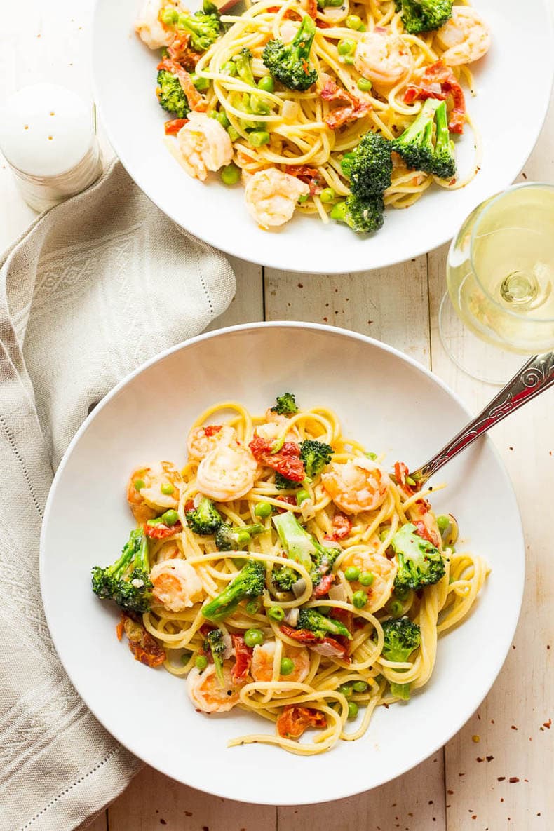 Lighter Pasta Primavera with Shrimp