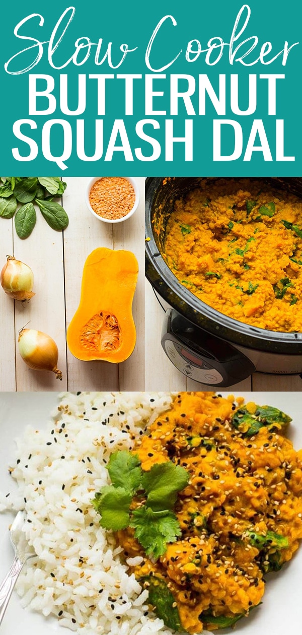 This Slow Cooker Butternut Squash Dal with lentils and coconut milk is a delicious vegan recipe - pair this Indian dish with basmati rice for a full meal! #slowcooker #butternutsquash #dal