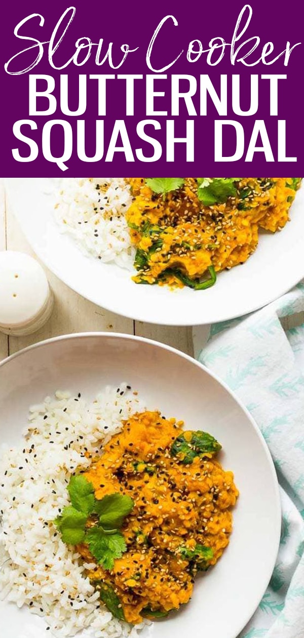 This Slow Cooker Butternut Squash Dal with lentils and coconut milk is a delicious vegan recipe - pair this Indian dish with basmati rice for a full meal! #slowcooker #butternutsquash #dal