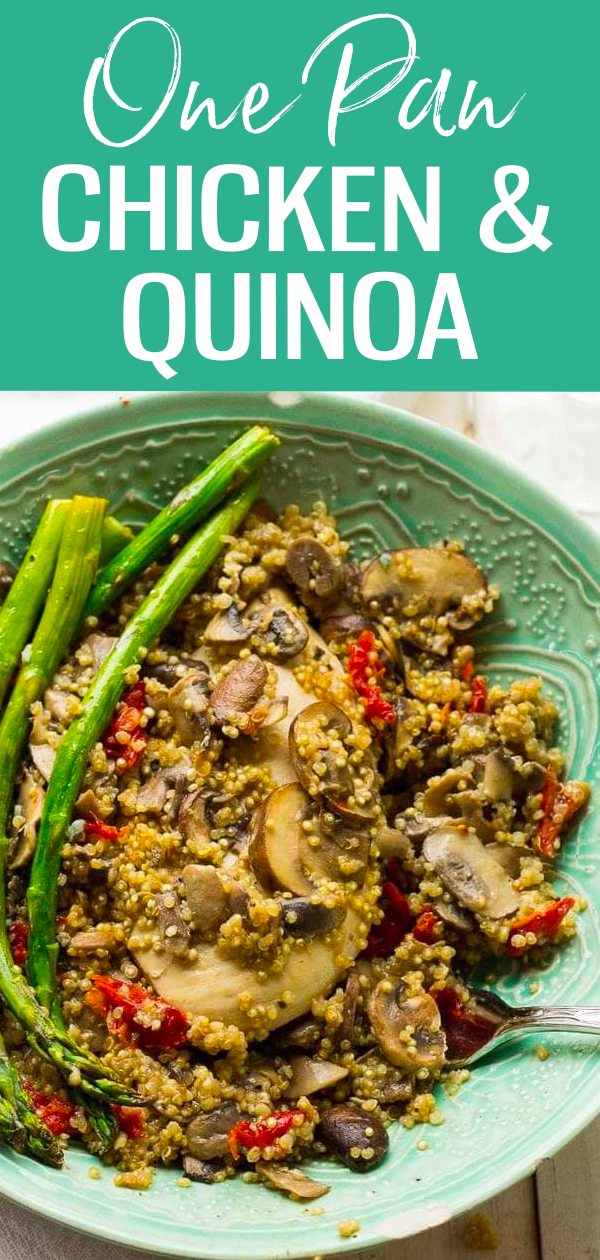 This Creamy One Pan Chicken & Quinoa is a delicious and easy skillet meal perfect for those nights you don't feel like cooking! #onepan #chickenandquinoa #onepotrecipe