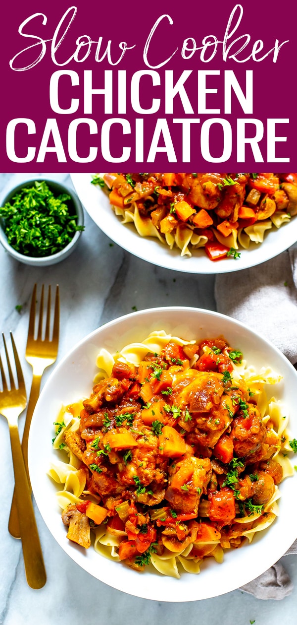 This Slow Cooker Chicken Cacciatore is a delicious, no-mess, no-fuss weeknight dinner that you can make ahead and forget about until dinnertime! #slowcooker #chickencacciatore