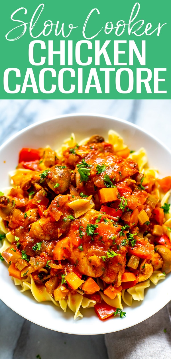 This Slow Cooker Chicken Cacciatore is a delicious, no-mess, no-fuss weeknight dinner that you can make ahead and forget about until dinnertime! #slowcooker #chickencacciatore