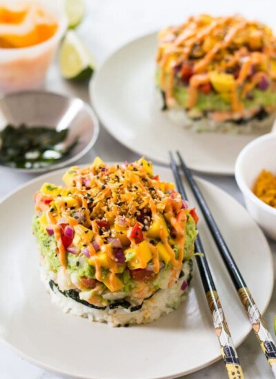spicy shrimp stack with mango