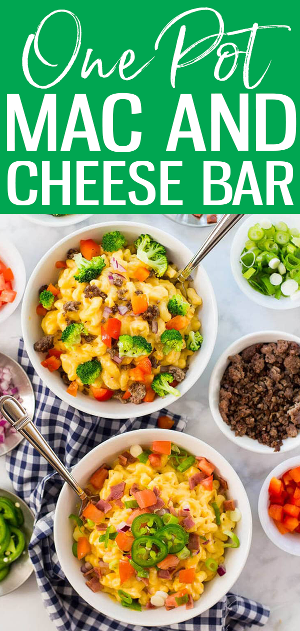 This One Pot Creamy Mac and Cheese Bar is such a fun party idea or great way to jazz up plain old mac and cheese with more veggies!