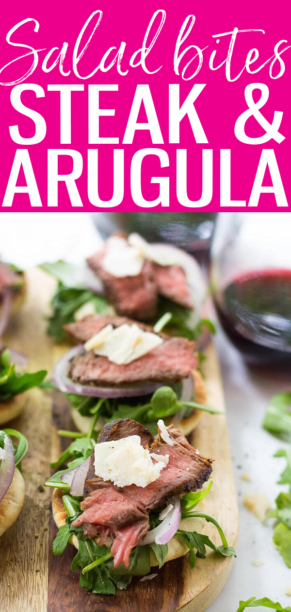 Steak and Arugula Salad Bites with parmesan cheese and honey dijon sauce are served on mini pitas - they're the perfect appetizer! #appetizers #steakarugula