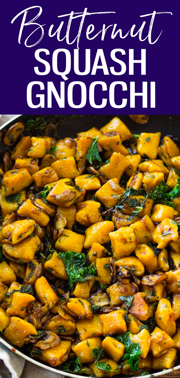 This Brown Butter Butternut Squash Gnocchi with Sage is a delicious twist on a classic, served with kale, mushrooms and caramelized onions. #butternutsquash #gnocchirecipe