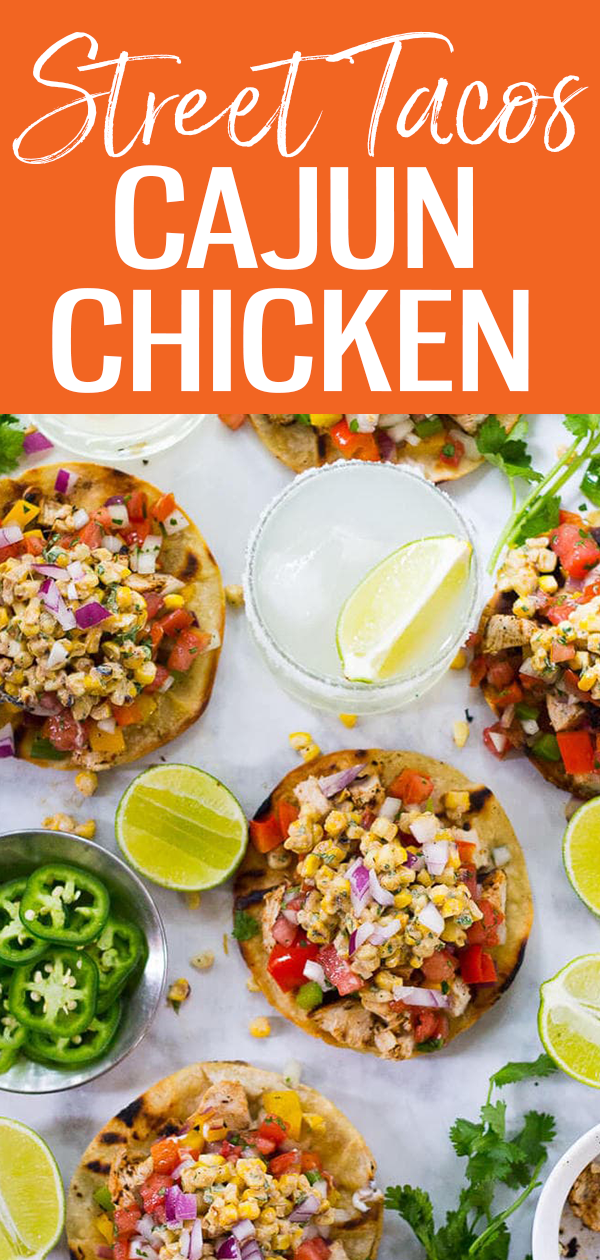 These Mexican Street Corn Tacos with Cajun Chicken use the best end of summer produce for a spectacular twist on taco night! #streetcorn #cajunchicken