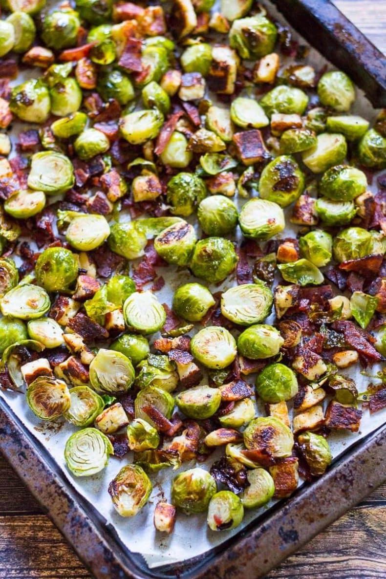 These Crispy Bacon Brussels Sprouts with Halloumi cheese are the most delicious, oven-roasted fall side dish and ready in just 15 minutes!