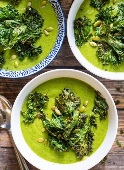 Green Goddess Vegan Broccoli Soup + Kale Chips
