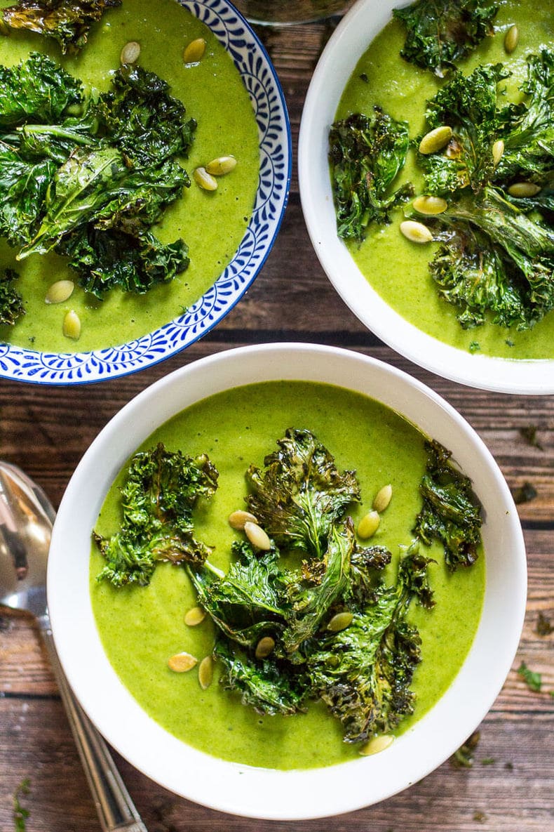 Green Goddess Vegan Broccoli Soup + Kale Chips