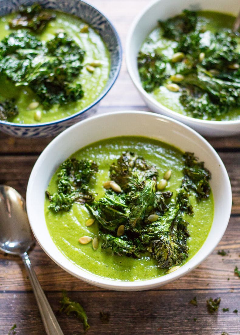 Green Goddess Vegan Broccoli Soup + Kale Chips