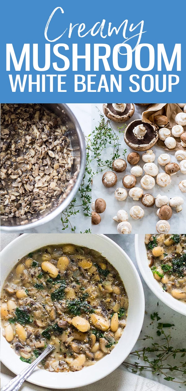This Creamy Portobello Mushroom Soup with white beans is the ultimate comfort food, and it's high in fibre. You'll love this delicious vegetarian soup! #mushroomsoup #creamofmushroom