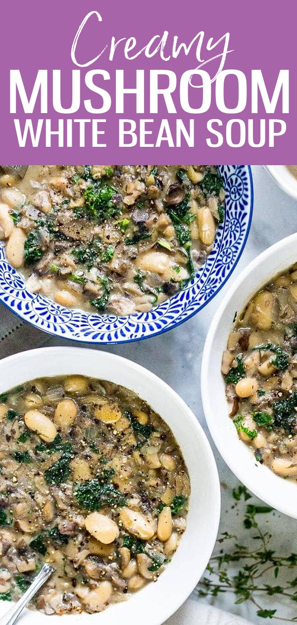This Creamy Portobello Mushroom Soup with white beans is the ultimate comfort food, and it's high in fibre. You'll love this delicious vegetarian soup! #mushroomsoup #creamofmushroom