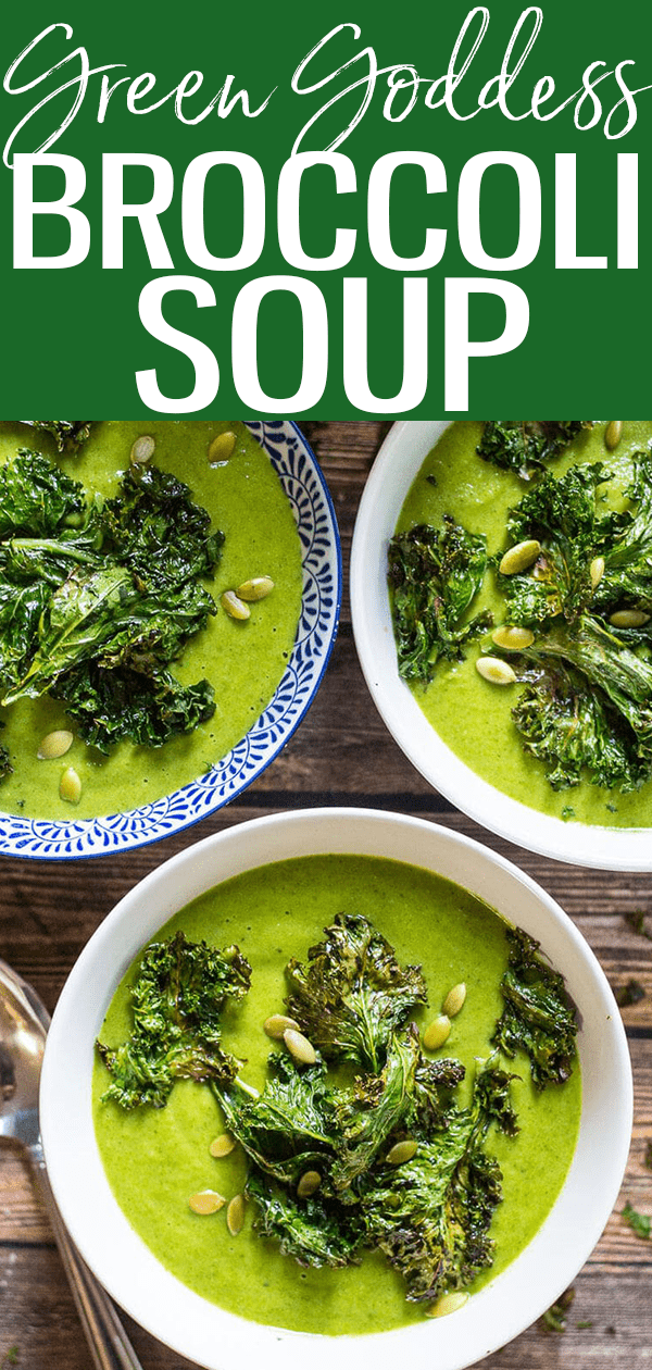 This Green Goddess Vegan Broccoli Soup is topped with kale chips and packed with leafy greens – you won't even notice it's dairy-free! #vegan #broccolisoup #greengoddess