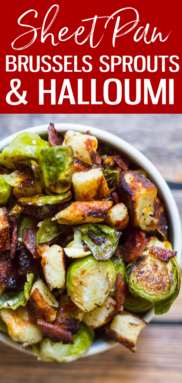 These Crispy Bacon Brussels Sprouts with Halloumi cheese are the most delicious, oven-roasted fall side dish and ready in just 15 minutes! #sheetpan #brusselssprouts