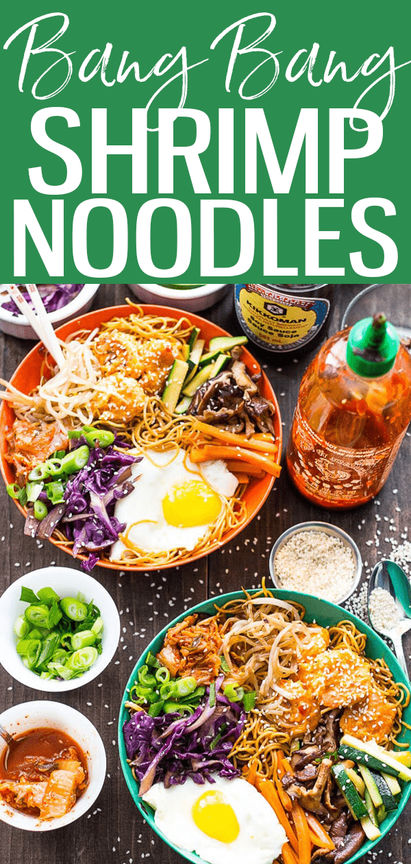 These Bang Bang Shrimp Noodle Bowls are inspired by the flavours in bibimbap – they're topped with a fried egg to boot! #bangbangshrimp #noodlebowl