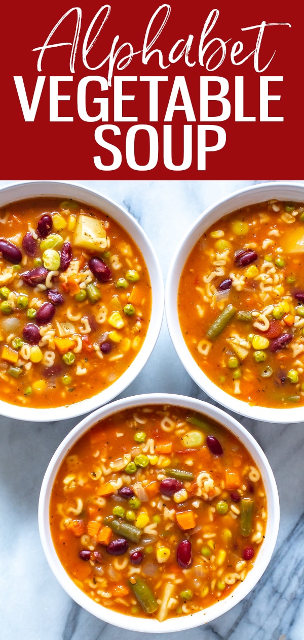 This Homemade Alphabet Vegetable Soup is a hearty, delicious spin on your favorite canned soup and is ready in just 30 minutes. It's also freezer-friendly for quick weeknight meals! #alphabetsoup #vegetablesoup