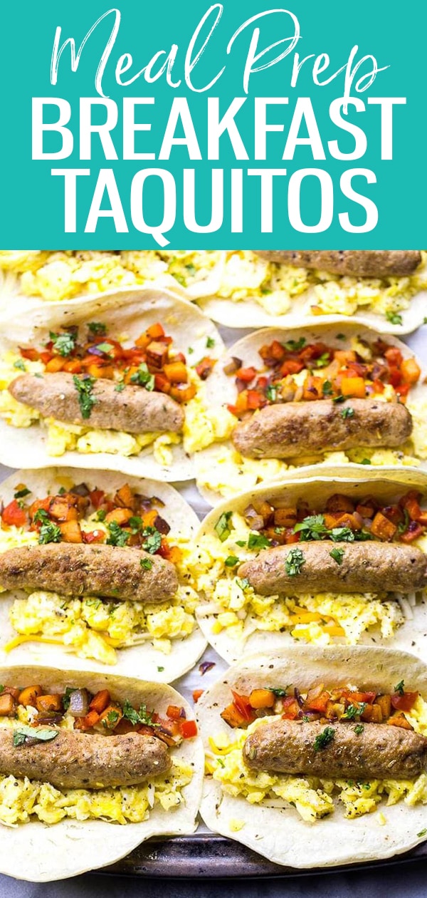 These Freezer-Friendly Meal Prep Breakfast Taquitos are the ultimate make-ahead breakfast for busy mornings, filled with scrambled eggs, sweet potato & breakfast sausage. #breakfasttaquitos #mealprep #freezerfriendly