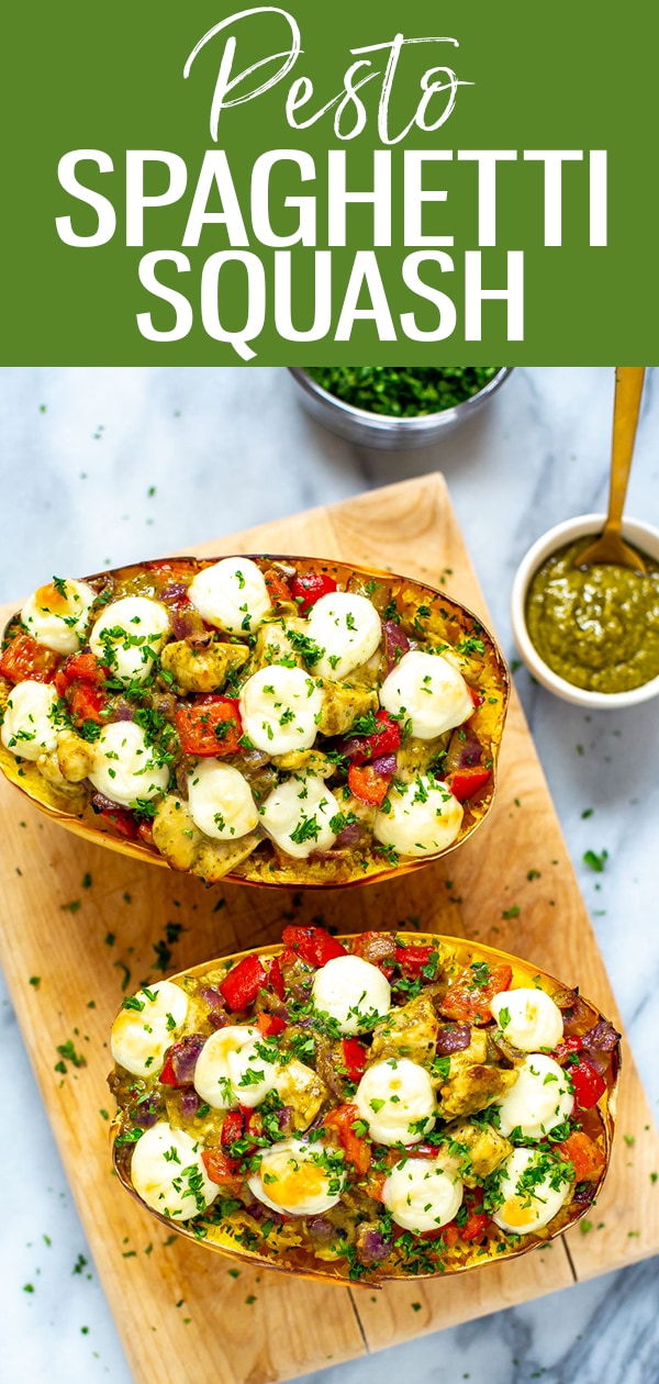 This cheesy, loaded Chicken Pesto Spaghetti Squash is a healthy low-carb and high protein dinner the whole family will love! #pesto #spaghettisquash #lowcarb