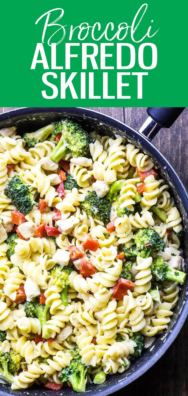 This Broccoli Chicken Alfredo Skillet is a delicious, 30-minute weeknight pasta dinner made with a lighter, healthier alfredo sauce. #broccolialfredo