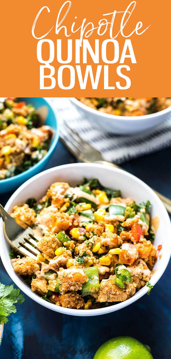 These Chipotle Sweet Potato & Quinoa Lunch Bowls are the ultimate make-ahead lunch, filled with tons of veggies and chicken, then drizzled with a spicy chipotle sauce! #chipotle #quinoa