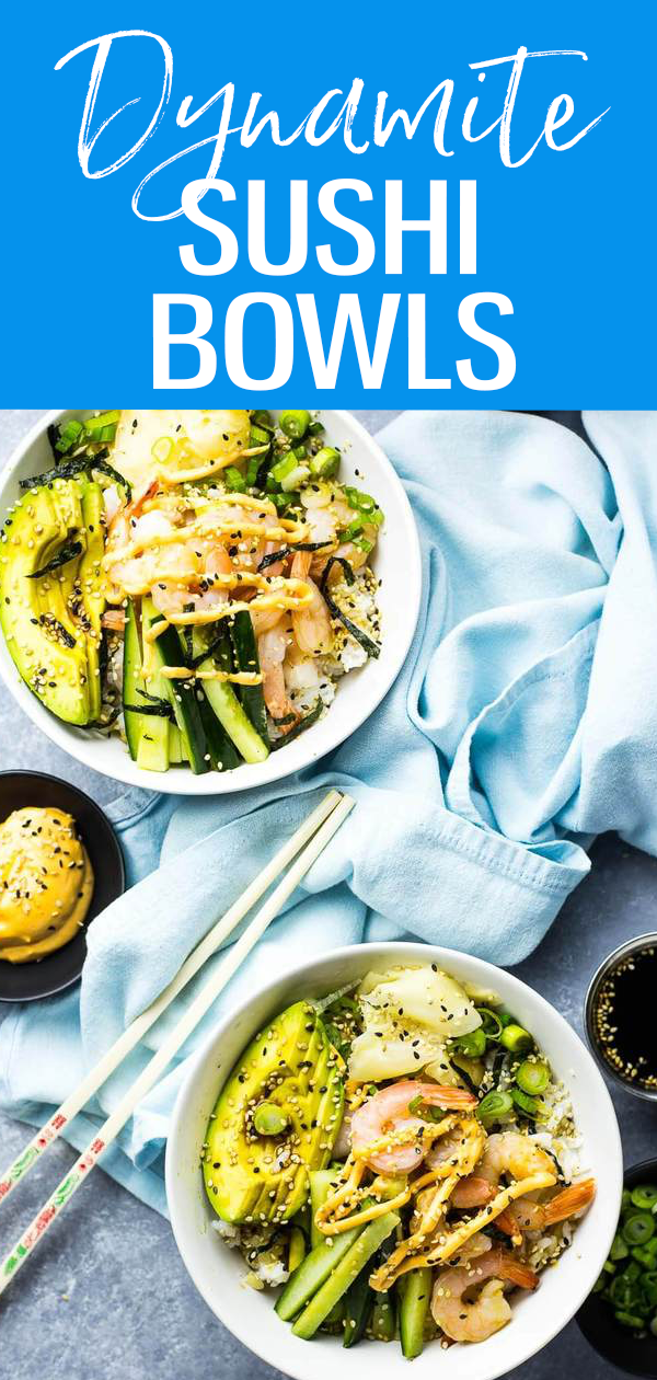 These Shrimp Dynamite Sushi Bowls with pickled ginger are a healthy 20-minute dinner idea that's a play on your favourite sushi roll. #dynamiteshrimp #sushibowls