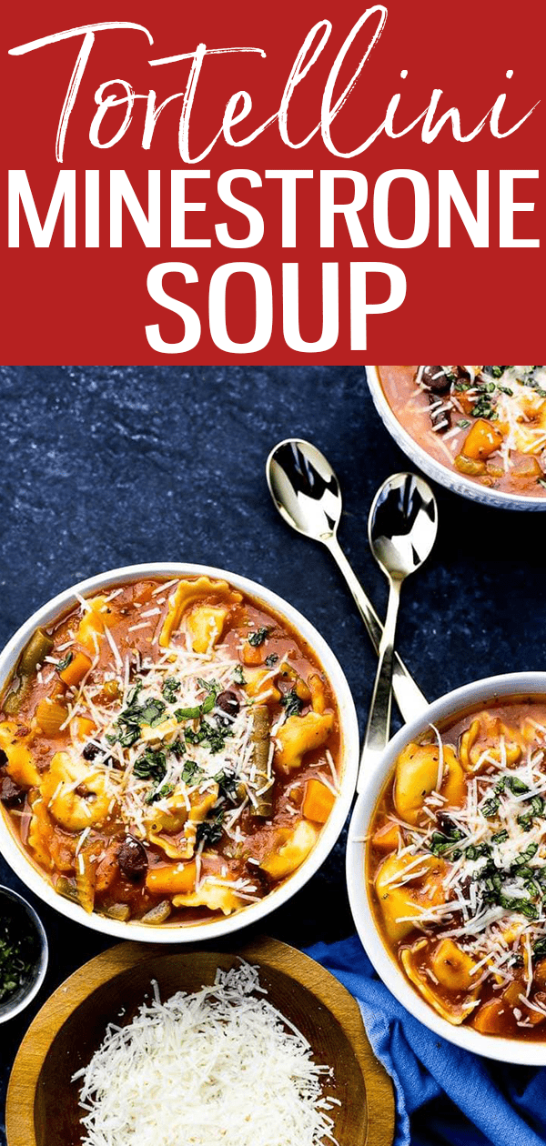 This 30-Minute Tortellini Minestrone Soup is a filling, high-fibe vegetarian dinner that comes together quickly for those busy weeknights! #cheesetortellini #minestronesoup