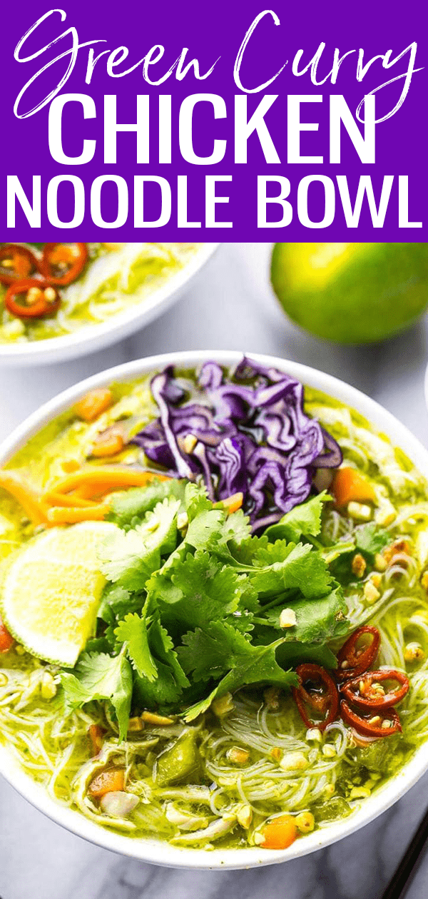 These Thai Green Curry Chicken Vermicelli Bowls are a delicious, spicy noodle soup – flavoured with peanut butter and coconut milk, you'll love this elevated weeknight dinner idea! #greencurry #vermicellinoodle #noodlebowl