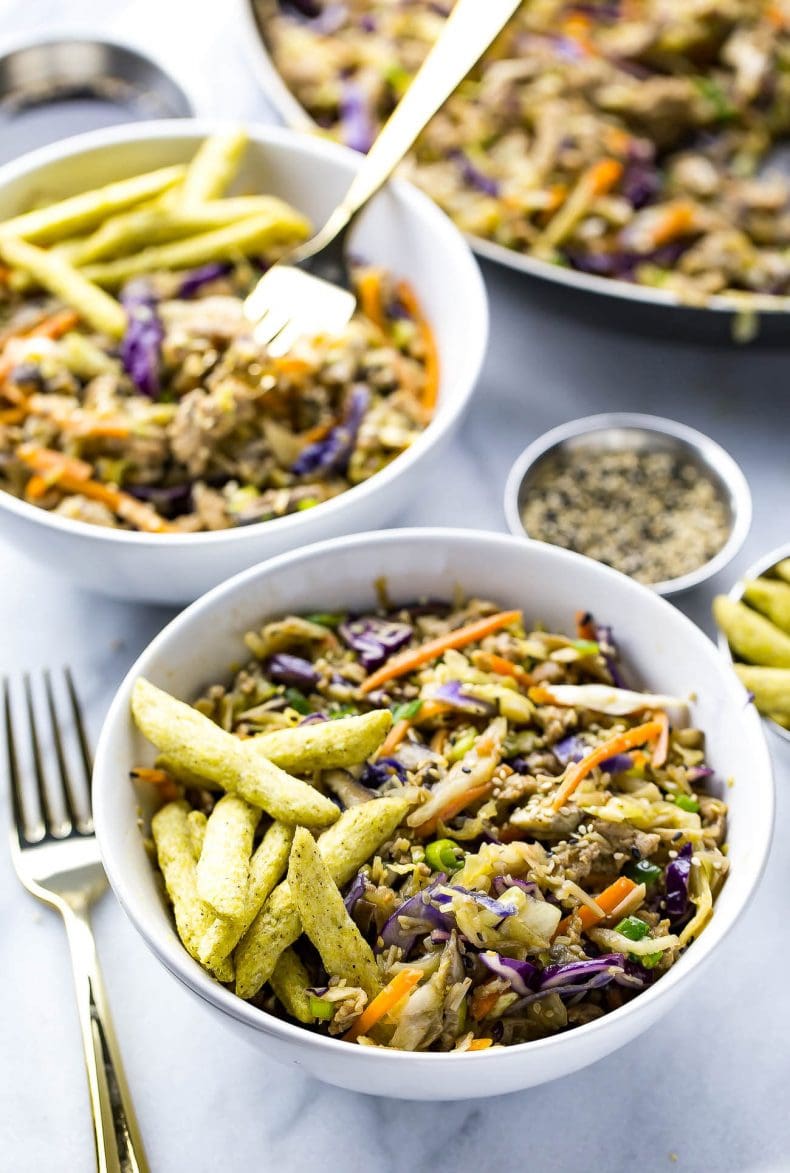 These Easy 20-Minute Potsticker Bowls are a quick and delicious dinner idea that is also low-carb. All you need is some ground chicken, a bag of coleslaw, mushrooms and a soy-sesame sauce!