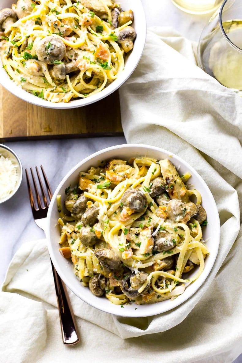 This Linguine Chicken Tetrazzini is a delicious and luxurious pasta dish filled with roasted garlic mushrooms, bruschetta, fresh parsley and grilled chicken!