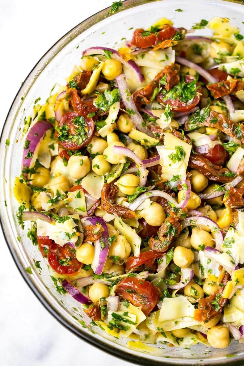 These Mediterranean Chickpea Salad Jars with artichokes and sundried tomatoes are the perfect packable lunch - they're also high protein, vegetarian and gluten-free!