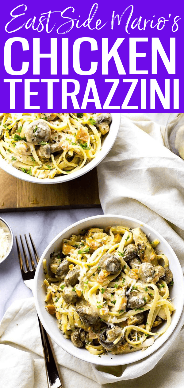 This Linguine Chicken Tetrazzini is a delicious Eastside Mario's copycat filled with roasted garlic mushrooms, bruschetta and grilled chicken! #chickentetrazzini #chickenlinguine