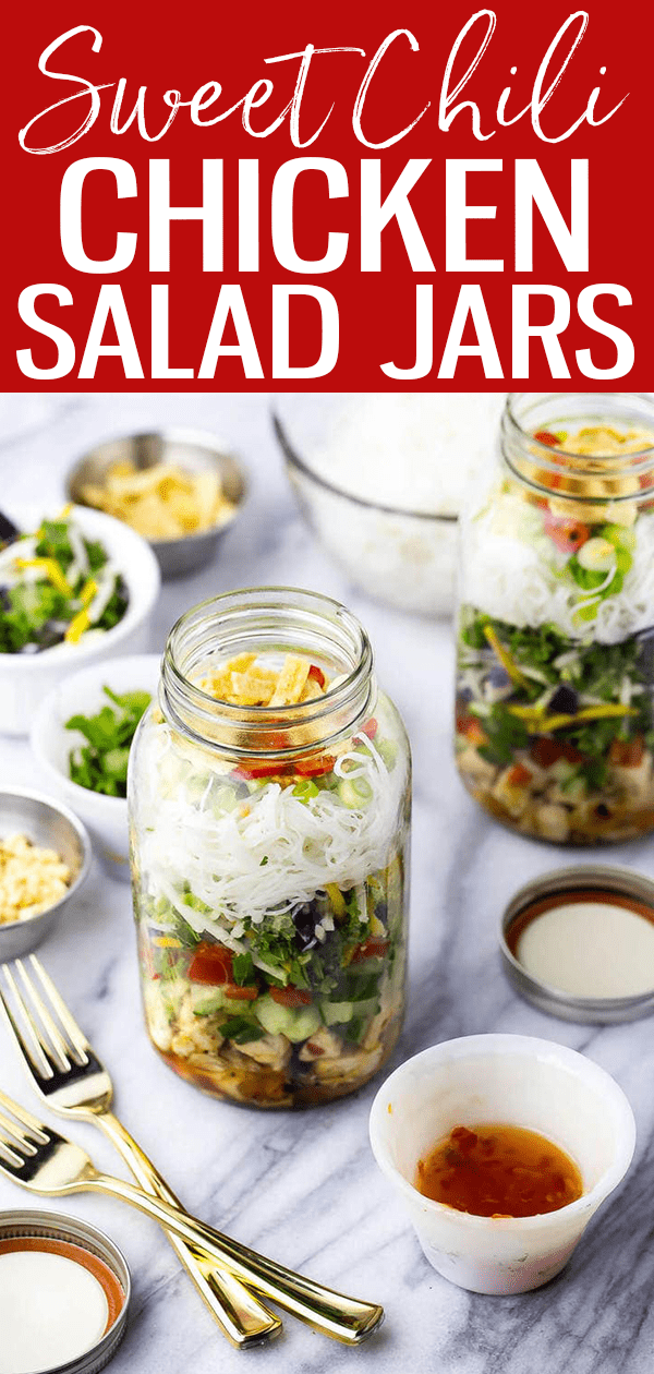 These Sweet Chili Chicken Salad Jars are the perfect grab and go lunch, filled with coleslaw along with vermicelli noodles and crispy wontons! #sweetchili #chickenrecipes #saladjars